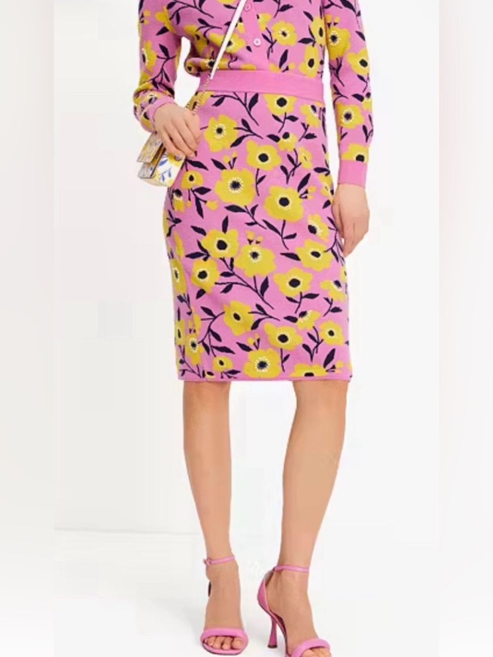 kate spade Pink Knit Pencil Skirt with Yellow Floral Pattern large